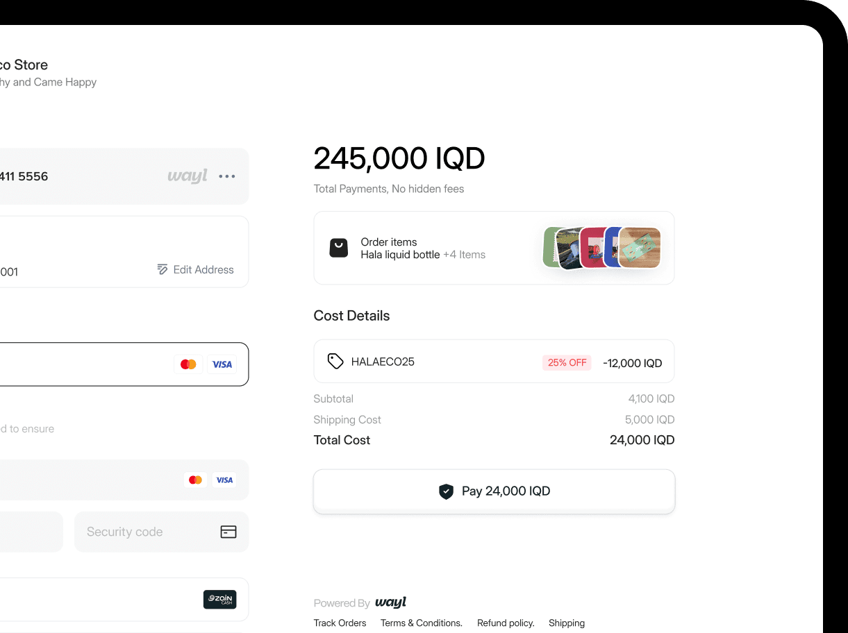 Wayl checkout flow on a phone showing payment options