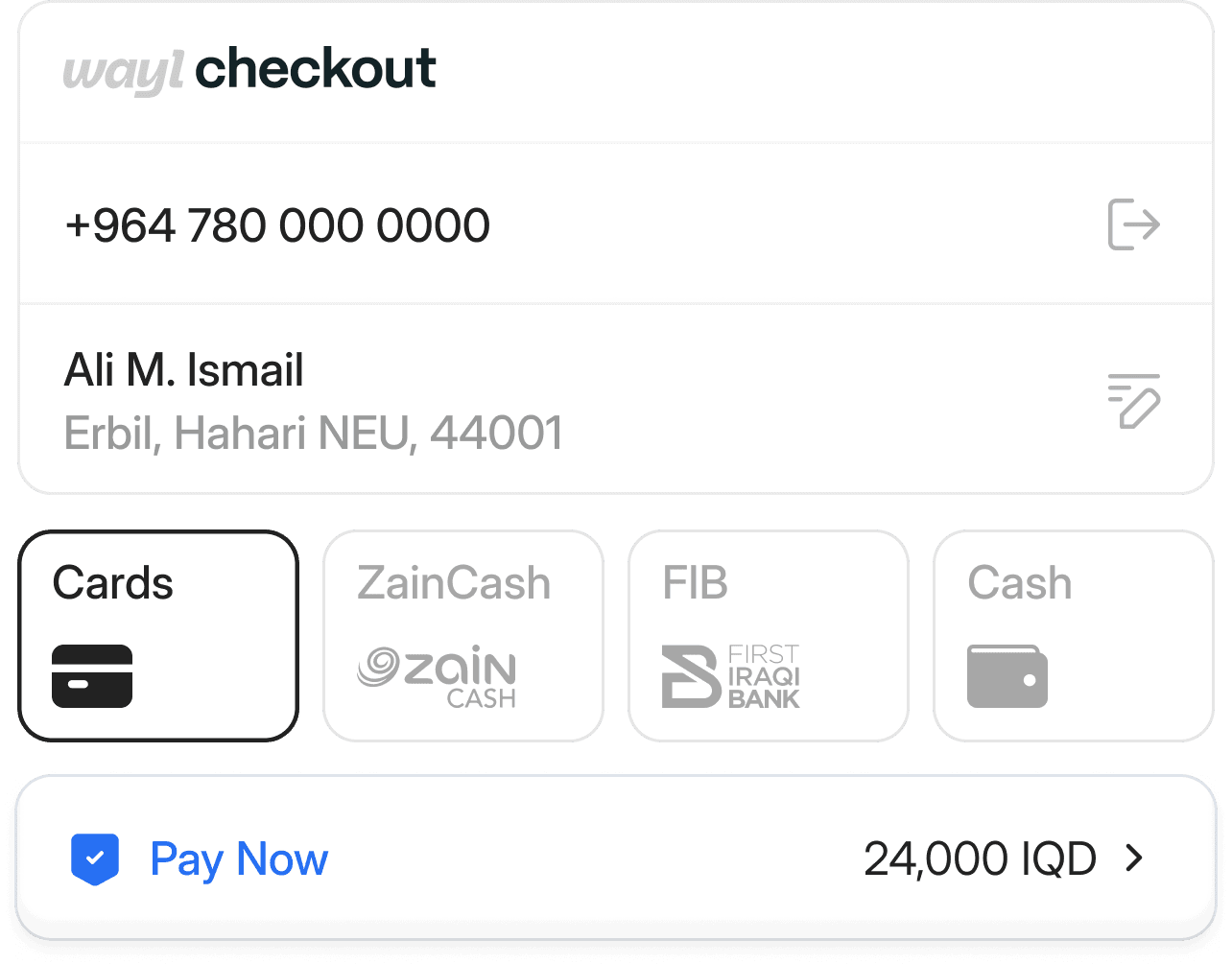 Checkout payment methods available with Wayl storefront